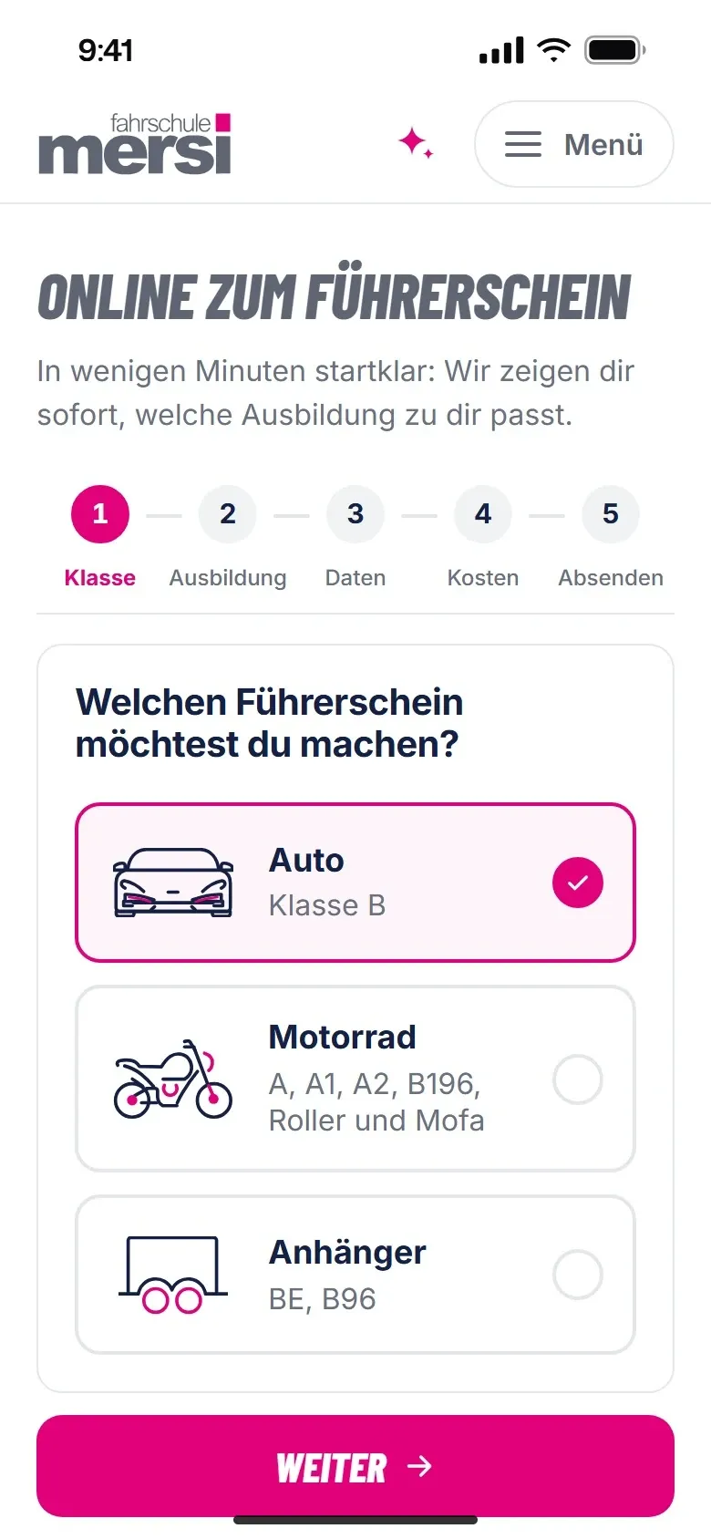 Anmeldung bei Fahrschule Mersi am Handy