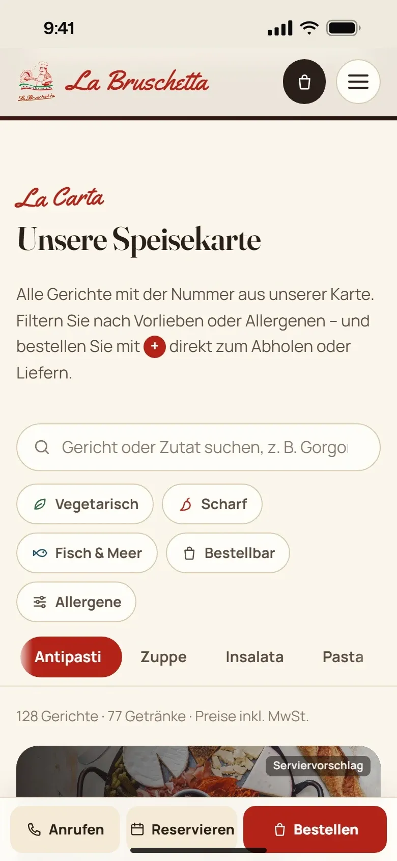 Speisekarte bei La Bruschetta am Handy